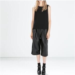 Zara Black Faux Leather Cropped Wide Leg Culottes Small Paperbag